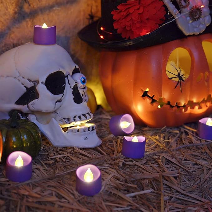 Homemory Purple Tea Lights Candles Battery Operated, 200+Hour Flameless Flickering Fake Electric LED Colored Tealights Candles for Party, Wedding, Halloween, Mardi Gras, Holiday Decor, 12-Pack