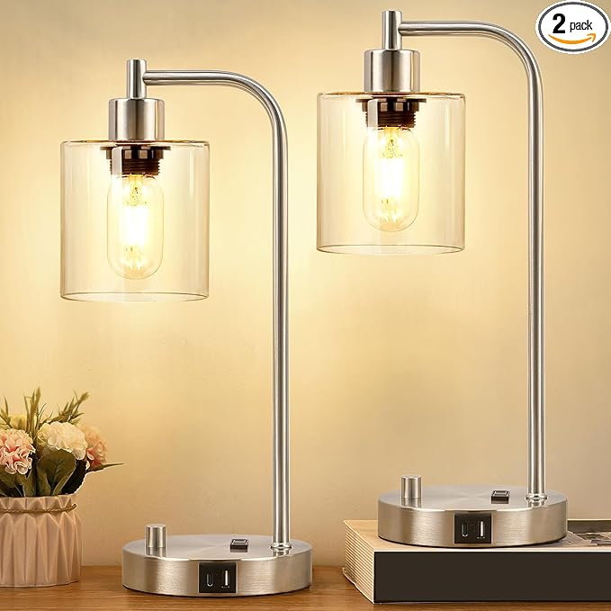 Set of 2 Industrial Table Lamps with USB C+A Ports and Outlet, Brushed Nickle Fully Stepless Dimmable Bedside Lamps, Nightstand Lamp with Clear Glass Shade for Bedroom Living Room 2 LED Bulb Included