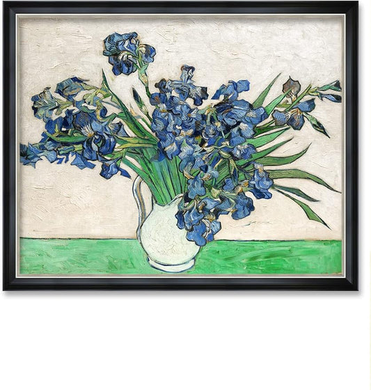 DECORARTS - Vase with Irises 1889 by Vincent Van Gogh Art Reproduction. Oversize Solid Wooden Frame Matching with Giclee Prints Canvas Wall Art. Total framed size: 43x35