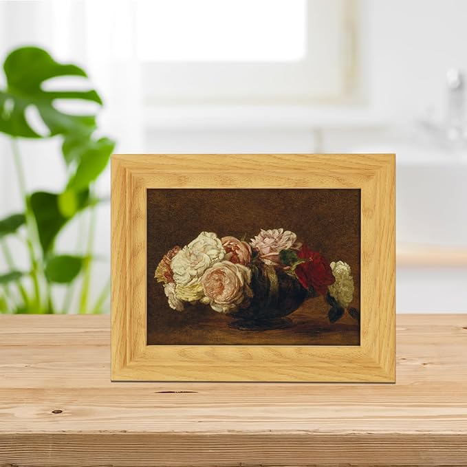 Brivoria Framed Canvas Wall Art Vintage Decor, Antique Floral Still Life Artwork with White Pink and Red Roses and Rustic Autumn Background for Desk Shelf Bedroom Office or Bathroom Display, 8"x10"