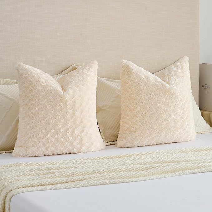FUTEI Cream White Decorative Throw Pillow Covers 18x18 Inch Set of 2,Soft Solid Rose Textured Cushion Case,Modern Home Decor for Couch Sofa Bed Living Room