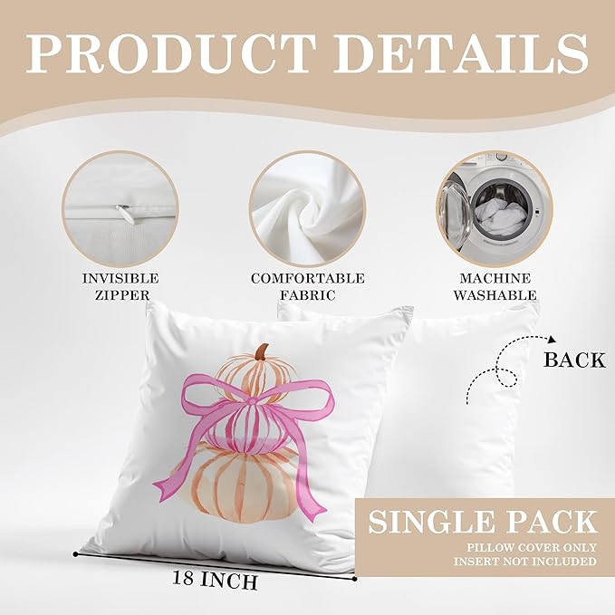 Coquette Pink Bow Watercolour Pumpkin Fall Pillow Covers 18x18, Preppy Pink Autumn Pillowcases for Couch Sofa, Cute Girly Pumpkin Decorative Pillow Covers for Bedroom Living Room Dorm