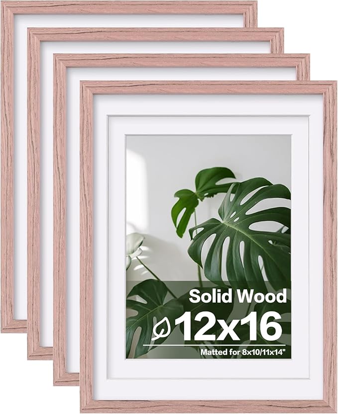 Egofine 12x16 Picture Frames Set of 4, Made of Solid Wood Covered by Plexiglass 9x12 and 11x14 with Mat or 12x16 without Mat, for Wall Mounting Photo Frame Peach Pink