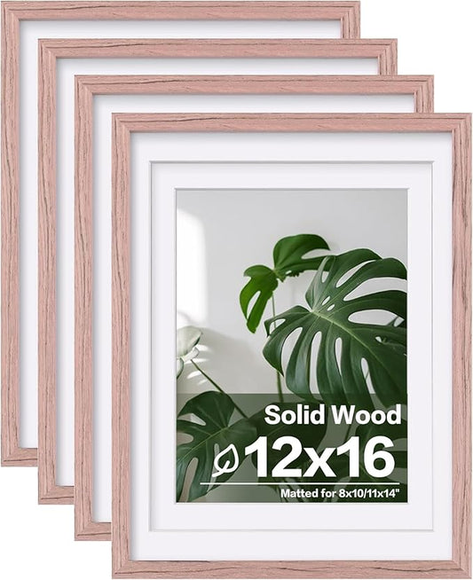 Egofine 12x16 Picture Frames Set of 4, Made of Solid Wood Covered by Plexiglass 9x12 and 11x14 with Mat or 12x16 without Mat, for Wall Mounting Photo Frame Peach Pink