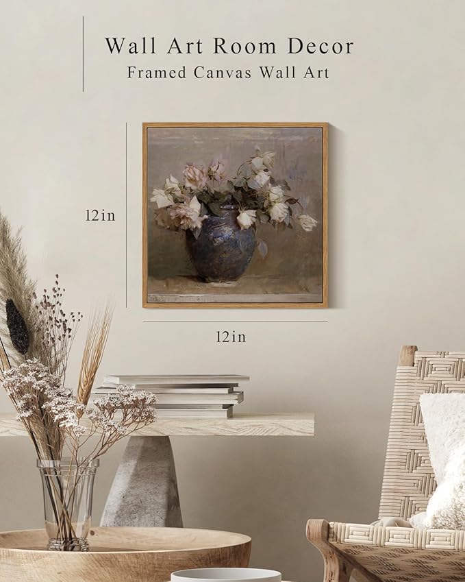 InSimSea Square Framed Canvas Wall Art, Flowers Farmhouse Prints Vintage Classical Floral Rose in Vase Pictures Wall Decor Paintings, Canvas Wall Decor for Living Room Kitchen Bathroom 12"x12"