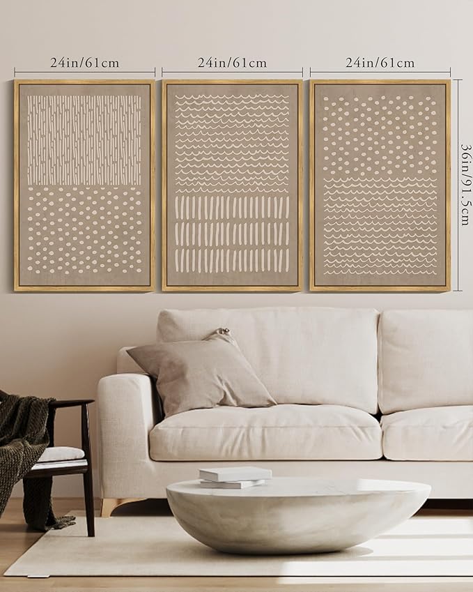 KUVIOKE Boho Mid-Century Modern Wall Art Framed Neutral Retro Minimalist Geometric Prints Rustic Bohemain Artwork Kitchen Dining Room 24x36in (Natural Framed)