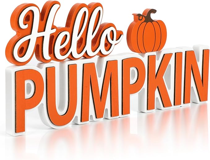 Fall Hello Pumpkin Wooden Sign Thanksgiving Tiered Tray Decorations Fall Decorations for Home Autumn Sign with Hello Pumpkin Lettered Centerpieces for Harvest Halloween