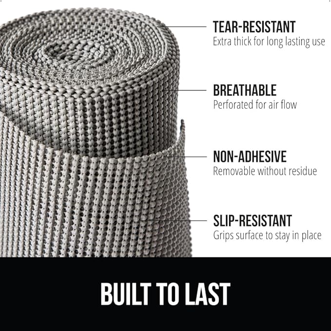 GORILLA GRIP powerGRIP Drawer Shelf and Cabinet Liner, Thick Strong Hold, Non-Adhesive Liners Protect Kitchen Cabinets and Cupboard, Bathroom Drawers, Easy Install, Breathable Mat, 17.5" x10', Gray