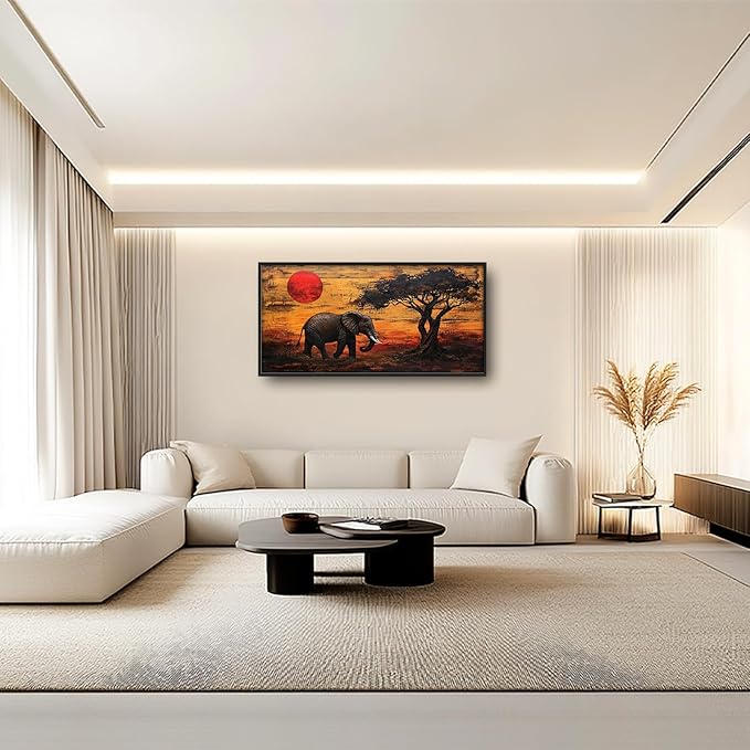 Elephant Framed Wall Art for Living Room, Large African Elephant Canvas Wall Decor, Wild Animal Sunset Pictures Painting, Modern Artwork for Bathroom Bedroom 60L'' × 30W''