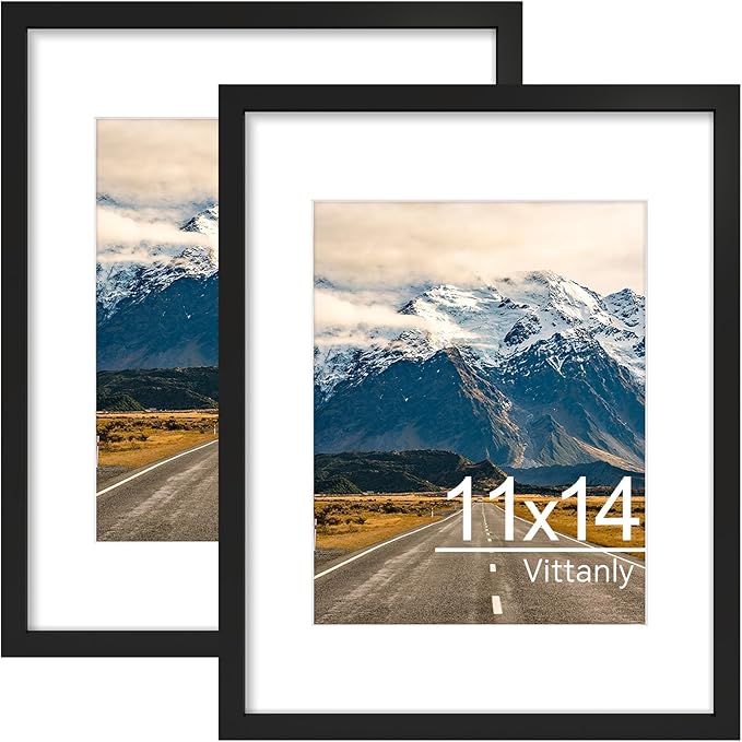 Vittanly 11x14 Picture Frame Set of 2, Display Photo 8x10 with Mat or 11x14 without Mat, Plexiglass, Wall Gallery Frames for Artwork, Vertical or Horizontal Display, Black