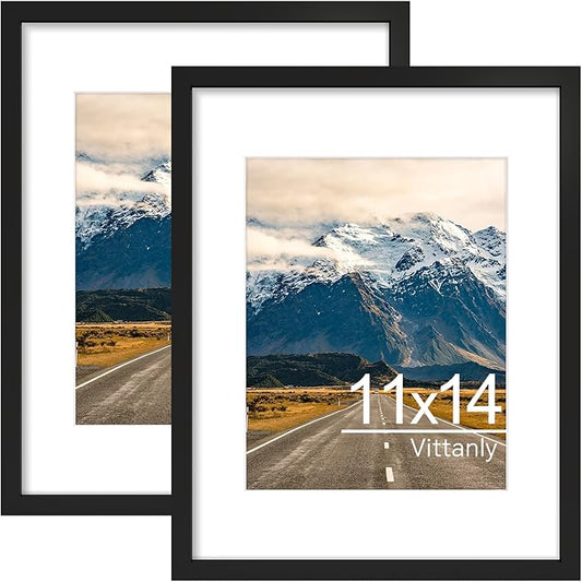 Vittanly 11x14 Picture Frame Set of 2, Display Photo 8x10 with Mat or 11x14 without Mat, Plexiglass, Wall Gallery Frames for Artwork, Vertical or Horizontal Display, Black