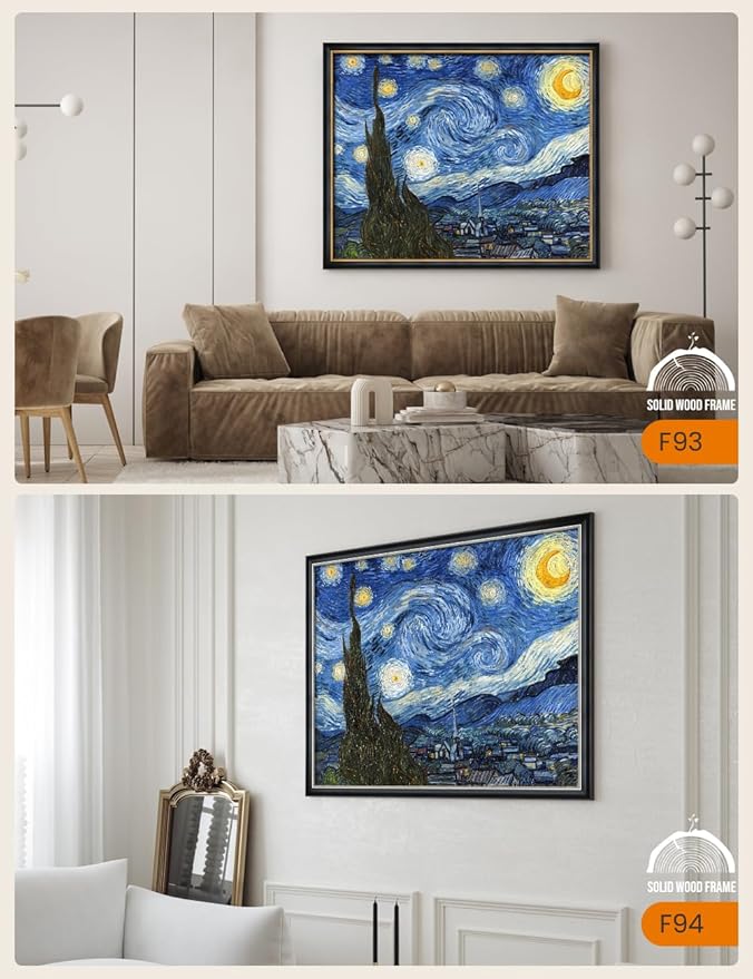 DECORARTS - Starry Night by Vincent Van Gogh Art Reproduction. Oversize Solid Wooden Frame Matching with Giclee Prints Canvas Wall Art. Total framed size: 43x35