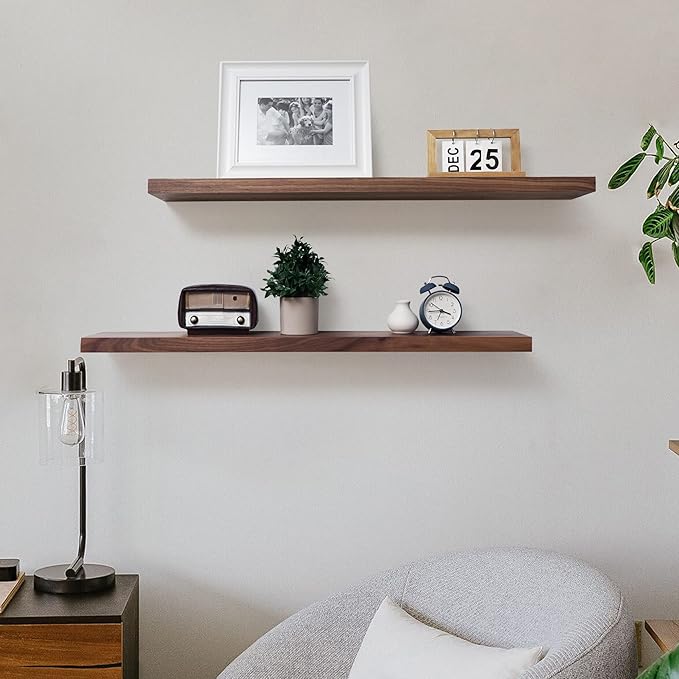 Axeman Floating Shelves Walnut | 36 Inch Wide x 6 Inch Deep Solid Walnut Wood Shelves Set of 2 - Natural Wooden Shelves for Room Wall Decor