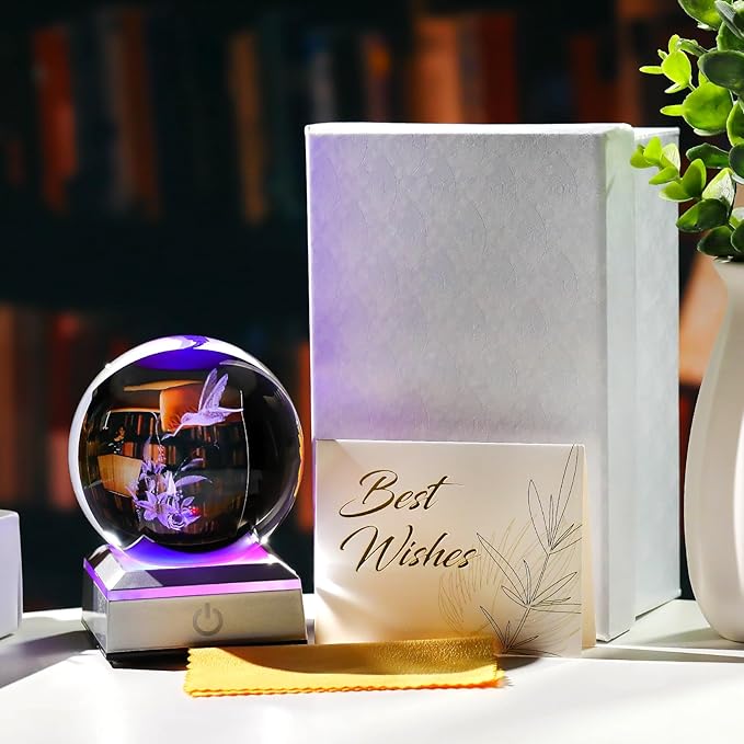 Ornalrist 3D Crystal Ball Engraved Hummingbird and Tiger Lily with LED Light Base3.15'', Hummingbird Gifts for Women Mom - Hummingbird and Lily Figurines Night Light for Home Office Decor