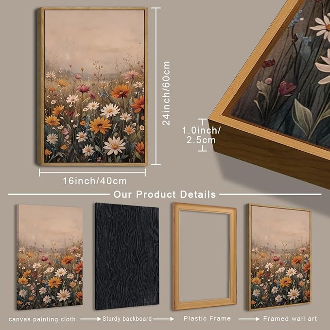 IARTTOP Framed Floral Canvas Wall Art Large 16x24 Inch Colorful Wildflower Art Prints Retro Botanical Landscape Wall Decor for Living Room Bedroom Office