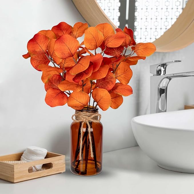 Briful Artificial Eucalyptus Stems in Amber Glass Vase with Faux Water, 14" Fake Fall Plant Autumn Eucalyptus Leaves for Home Farmhouse Wedding Centerpiece Bathroom Décor