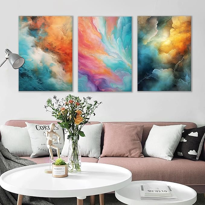 Colorful Abstract Poster Wall Art Rendering 3 Pieces HD Pictures Print on Wooden Framed Canvas Multicolor Painting Wall Decor Artwork for Modern Home Living Room Hotel Ready to Hang [60''Wx28''H]