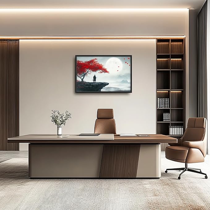 Framed Large Wall Art for Living Room, Japanese Samurai Canvas Wall Decor, Red Tree Pictures Painting, Modern Landscape Artwork for Bedroom Office 36L'' × 24W''