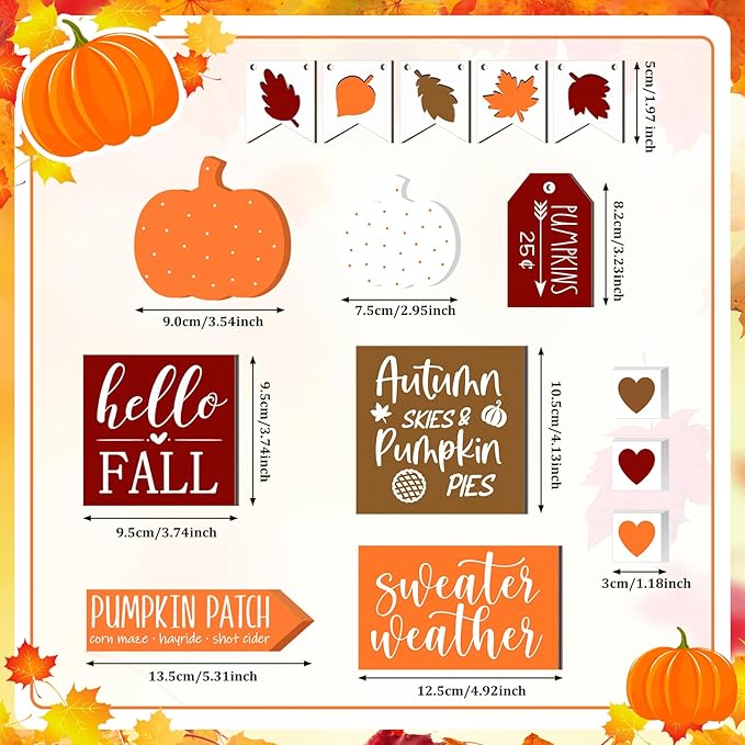 Sumind 15 Pcs Fall Tiered Tray Decor Set Fall Decorations for Home Autumn Wood Signs Thanksgiving Orange Brown Table Signs Farmhouse Wooden Maple Pumpkin Gnomes Tabletop for Festival(Autumn)