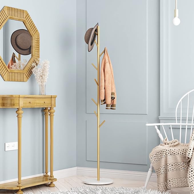 Gold Coat Racks, Metal Coat Rack Freestanding with Hooks, Entryway Coat Rack Stand, Coat Racks with Marble Base, Coat Tree for Hanging Clothes, Hats, Bags