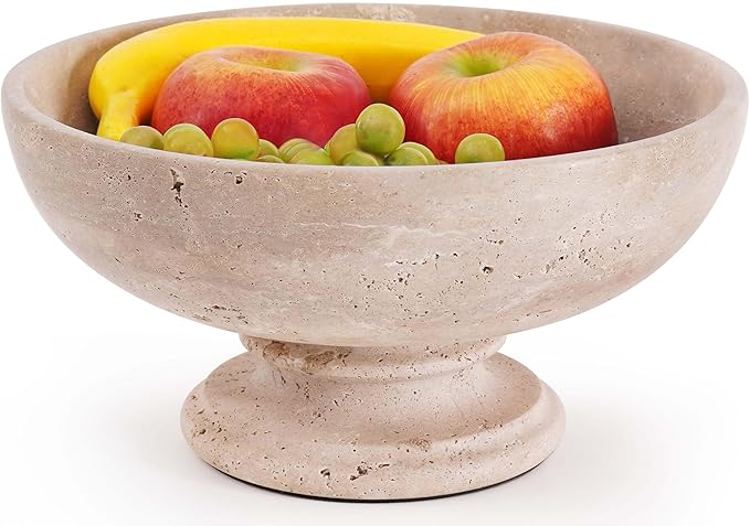 Marble Fruit Bowl 10 Inch Handmade Large Decorative Bowl for kitchen Counter - Modern Travertine Serving Dish for Fruits & Snacks - Pedestal Bowls for Dining Room & Coffee Table Decor