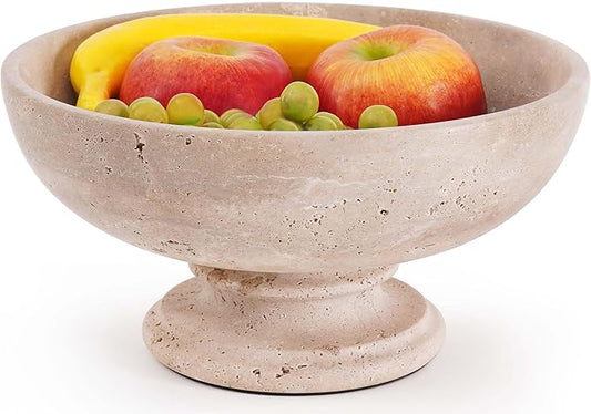 Marble Fruit Bowl 10 Inch Handmade Large Decorative Bowl for kitchen Counter - Modern Travertine Serving Dish for Fruits & Snacks - Pedestal Bowls for Dining Room & Coffee Table Decor