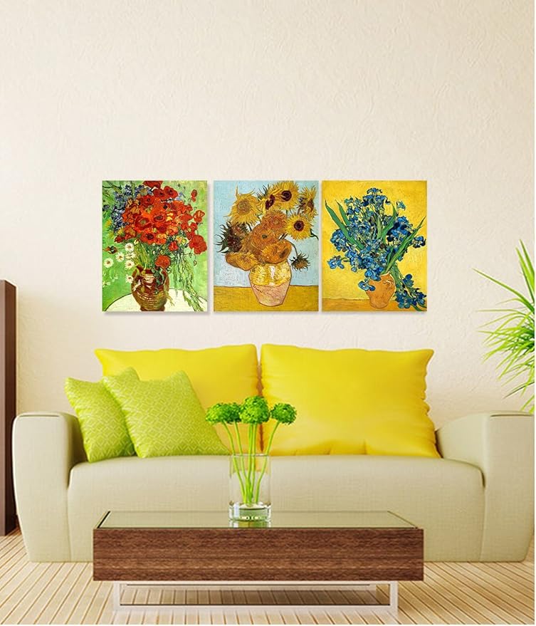 DECORARTS - Triptych (Van Gogh Flower Series), Vincent classic Art Reproduction. Giclee Canvas Prints Wall Art for Home Decor 16x20, 3pcs/set