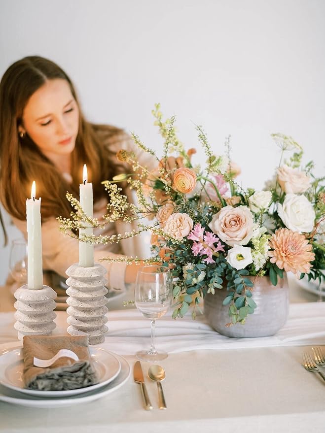 HofferRuffer Travertine Candlestick Holders, Set of 2 Natural Stone Candle Holder Decorative Candle Stands for Wedding, Dinning, Party, Table Centerpieces, Fits 3/4'' Thick Candles (Cream White)