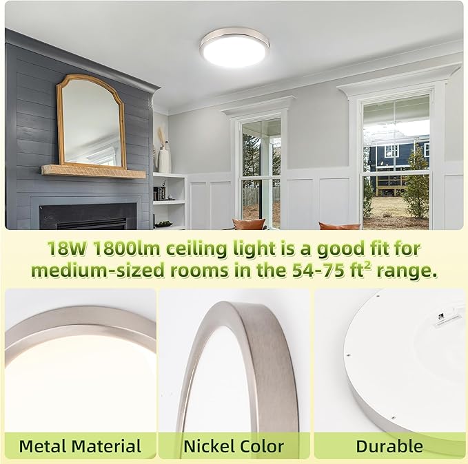 hykolity 2 Pack 9 Inch Selectable CCT LED Round Flat Panel Light, 18W 1800LM 3000K/4000K/5000K, Edge-Lit Flush Mount Ceiling Light Fixture for Kitchen, Bedroom, Laundry and Closet Room,Brush Nickel