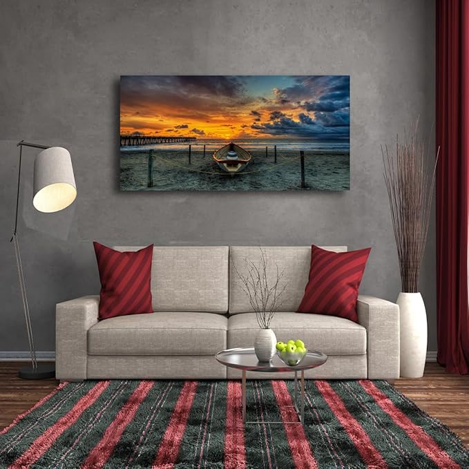 Beach Themed Wall Art Canvas Prints Seascape Poster Bathroom Décor Boat Ocean Sunset Landscape Paintings for Bedroom Dining Room Home Kitchen Decorations Natural Artwork 24x48 Picture Wooden Frames