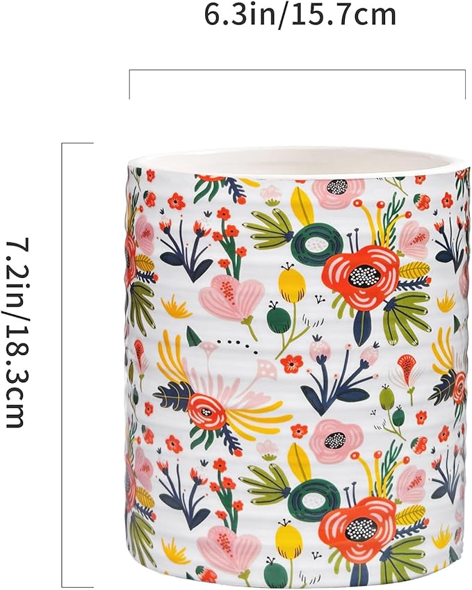 Kitchen Utensil Holder,7.2″Extra Large Stable Garden Floral Pattern Ceramic Utensil Crock,Flower Utensil Organizer for Countertop,Kitchen Decor,Utensil Holder for Housewarming,Wedding Gift