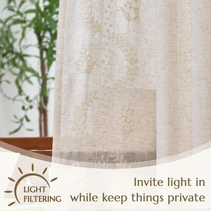jinchan Belrose Linen Curtains for Bedroom Floral Curtains 96 Inch Length Linen Blend Ivory Embroidered Drapes Farmhouse Flower Patterned Drapes for Living Room Window Treatments Set 2 Panels