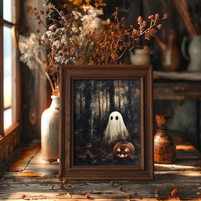 RETRART Vintage Halloween Ghost Wall Decor Pumpkin Head Wall Art Print 8x10 inch Horror Decor, for Bedroom, Kitchen Spooky Wall Decor, Moody Fall Forest Gallery Style Canvas Picture -Unframed