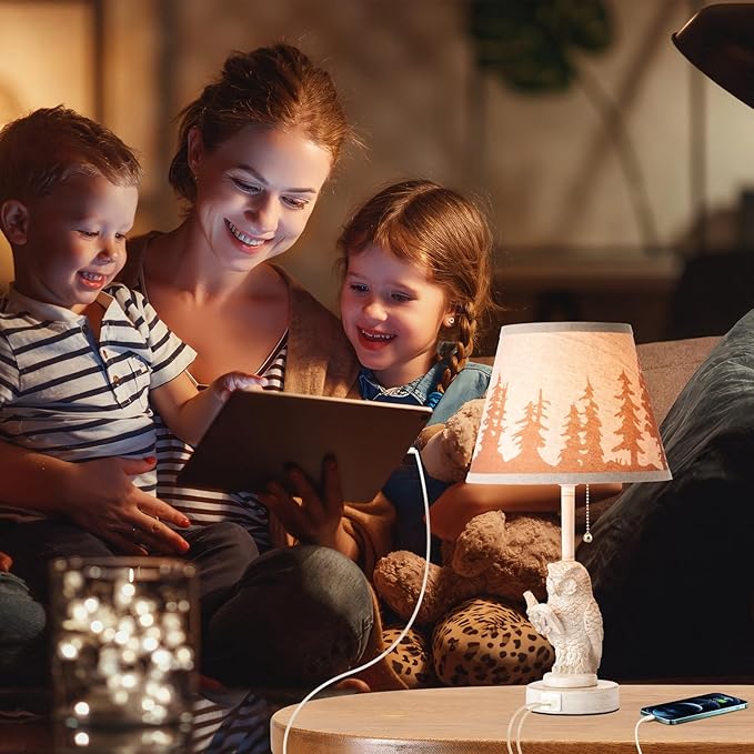 18.9" Farmhouse Lamps Set of 2,Owl White Rustic Table Lamps for Living Room with USB A+C Port,Vintage Resin Small Table Lamps,Pull Chain Table Lamp for Bedroom,Bedside,Nightstand,End Table