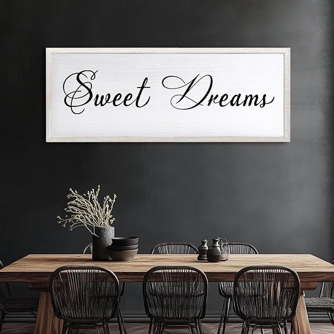 Sweet Dreams Wall Decor Above Bed 32x12 Inch Large Master Bedroom Hanging Wood Rustic Framed Farmhouse Sweet Dreams Sign Guest Room Aesthetic And Minimalist Over Bed Wall Art（White）