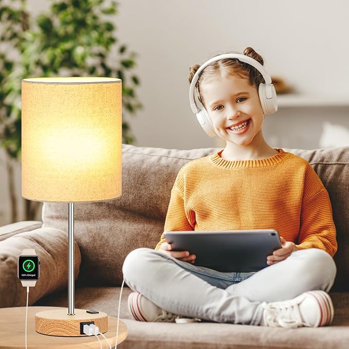 Lynnoland Touch Wood Table Lamps Set of 2, Bedroom Lamps with 2 USB AC Outlet, 3-Way Dimmable Bedside Nightstand Lamps for Bedroom Living Room Nursery, 800 Lumens 2700K Bulbs Included