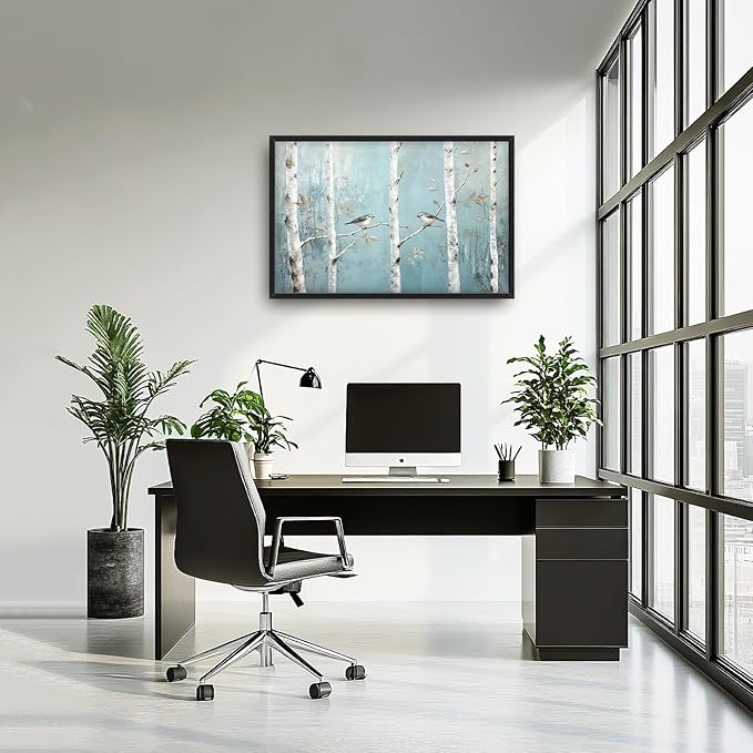 Flintis Large Birch Tree Bird Framed Wall Art Forest Birds Pictures Wall Decor Abstract Natural Landscape Canvas Painting Print Artworks Framed for Living Room Bathroom Master Bedroom 36L X 24W