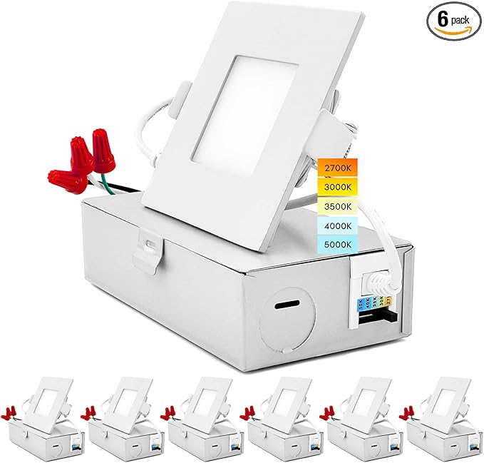 LUXRITE 3 Inch Square Ultra Thin LED Recessed Light with Junction Box, 8W, CCT Color Selectable 2700K | 3000K | 3500K | 4000K | 5000K, Dimmable Wafer Light, 540 Lumens, Energy Star, IC Rated (6 Pack)