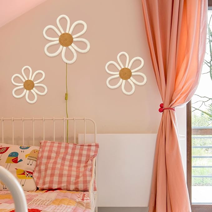 Barydat 6 Pcs Boho Nursery Decor Daisy Flower Woven Macrame Wall Hanging 3 Size Daisy Flower Wall Decor Bohemian Nursery Decorations for Home Dorm Art(White)