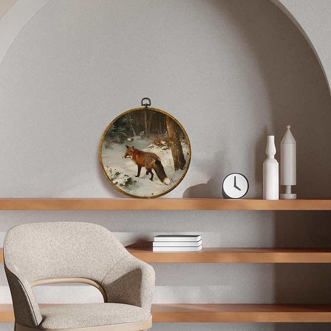 CUANFDDSF Vintage Winter Fox Round Wall Art Decor, Rustic Nature Snowy Forest Fox Wall Hanging Frame Decor, Cozy Winter Farmhouse Wild Animal Canvas Prints Decorations for Home Bedroom, 10x10 Inch