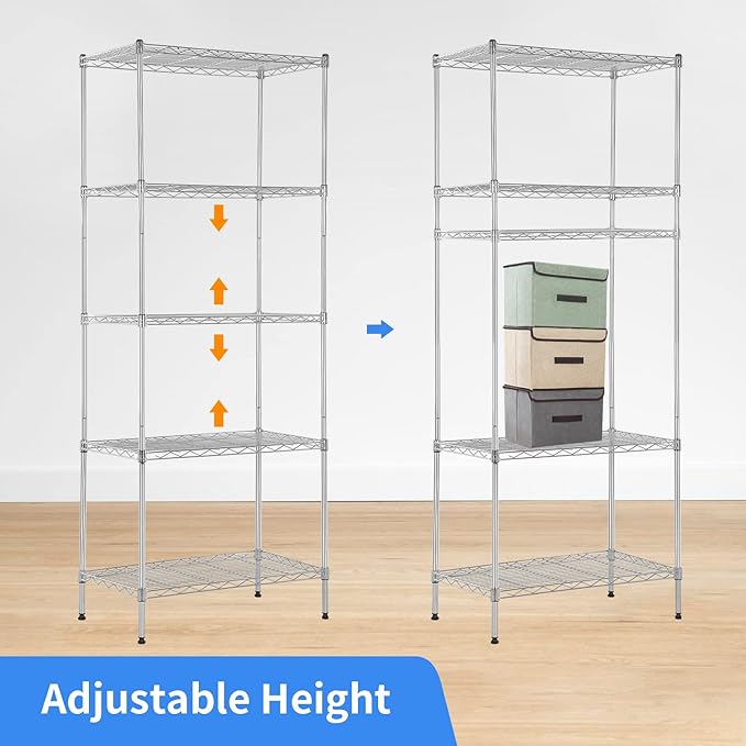BestOffice | 5-Tier Wire Storage Shelves | 14x24x60 | Chrome | with Adjustable Racks | Heavy-Duty Metal Shelf, Holds Upto 750 lbs | No-Tool Assembly | Ideal for Home & Garage Shelving
