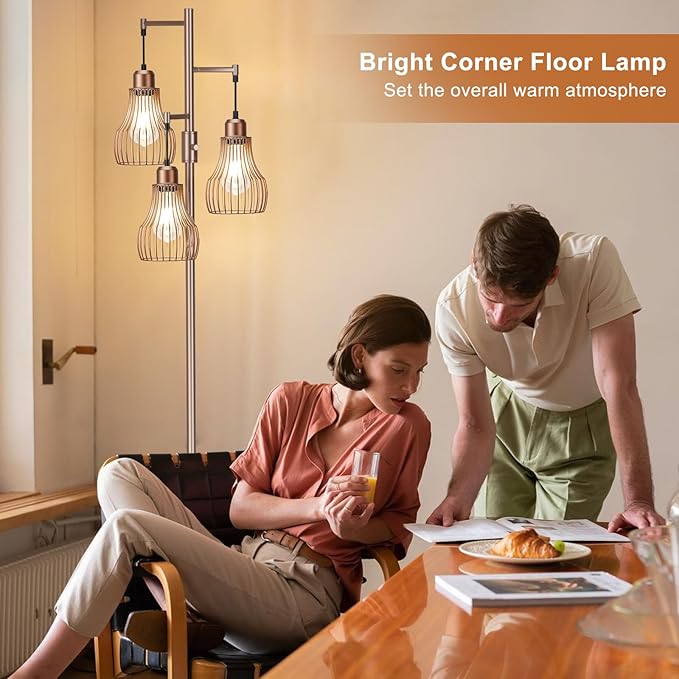 Dimmable Floor Lamps for Living Room, Industrial Tree Standing Tall Lamps with 3 Elegant Cage Shade & 800 Lumens LED Bulbs for Bedroom Office - Brown