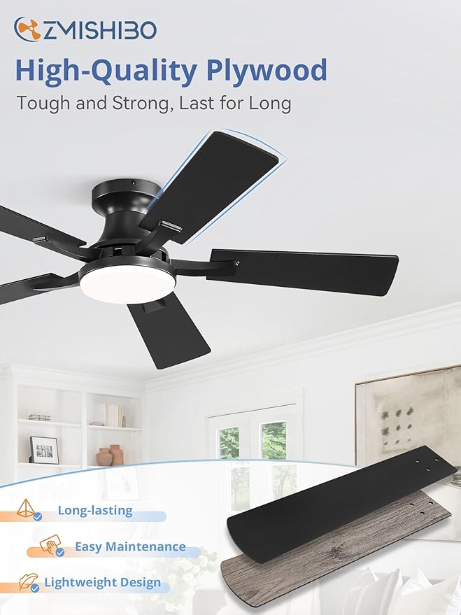 ZMISHIBO 42 Inch Ceiling Fan with Light, App&Remote Control, Flush Mount Low Profile, Dimmable 20W LED Light, Quiet Reversible Motor for Bedroom, Living Room, Apartment, Black