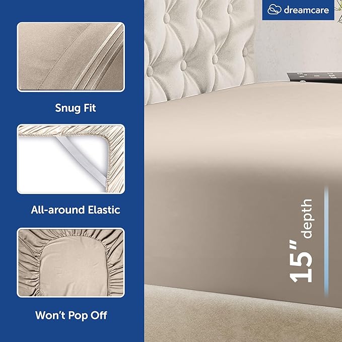 DREAMCARE King Size Sheets Set – 6 pcs Cooling Bed Sheets – up to 15” Deep Pocket King Sheet Set – 2500 Supreme Collection – Extra Soft 100% Brushed Microfiber Hotel Luxury with Side Pocket – Beige