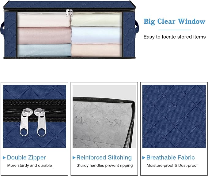 HomeHacks Storage 6-Pack Clothes Organizer Storage Bags Foldable Storage Box with Large Clear Window Sturdy Handles for Closet, Dorm, Pillows, Bedding, Clothes, Blankets, 35L, Blue