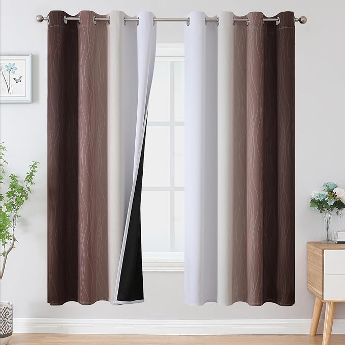 Estelar Textiler Brown and Greyish White Blackout Curtains 72 Inch Length 2 Panels Set, Full Room Darkening Grommet Ombre Curtains for Bedroom, Thermal Insulated Light Blocking Gradient Drapes,52Wx72L