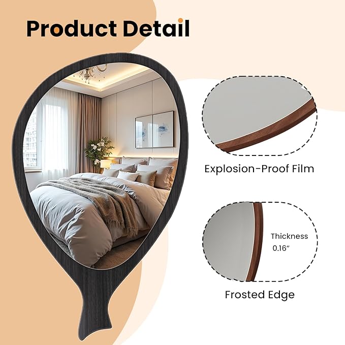 Irregular Asymmetrical Wall Mirror for Living Room Bathroom Entryway, Modern Decorative Mirror Hanging (Hook Style, 30'' x 18'' Walnut