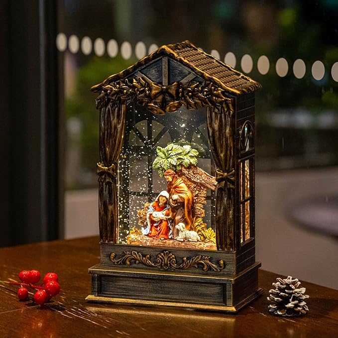Christmas Snow Globe Lighted Manger Nativity Scene, Musical Water Lantern Play Silent Night Music in Swirling Glitter, Holiday Decorations Gifts for Family, Children or Friends