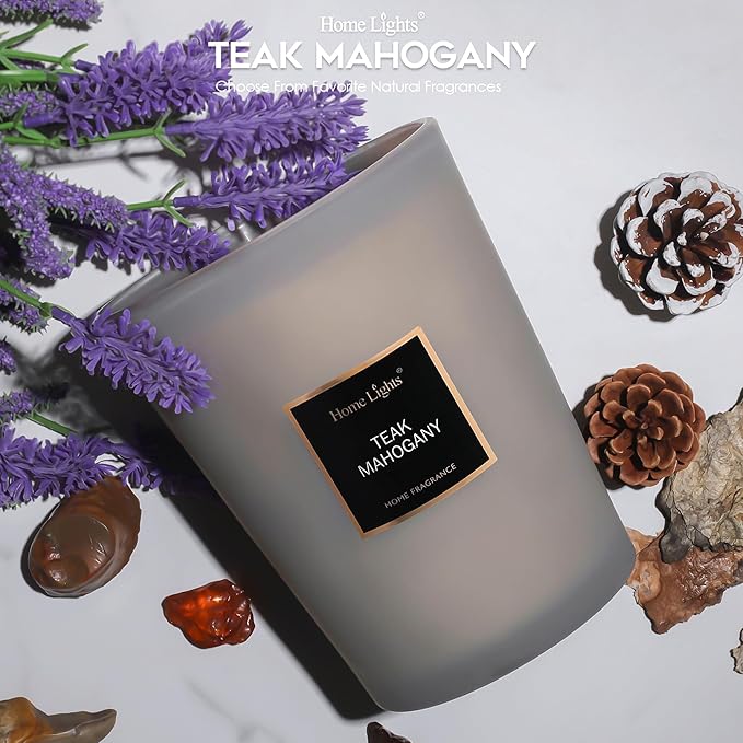HomeLights Premium Scented Candles - 33.3 oz Natural Soy Wax, Aromatherapy for Home, Long Lasting Smokeless, 130 hrs Burn Time, 3 Cotton Wicks, Gifts for Women & Men - Teak Mahogany