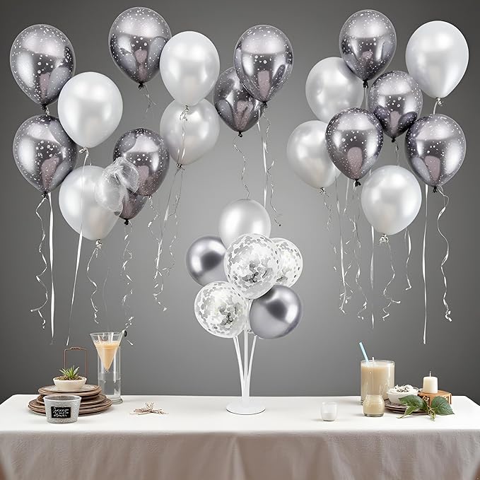 Silver Balloon Stand Centerpiece Table Decorations for 25th Wedding Anniversary Birthday Bridal Shower Father's Day Mother's Day Platinum Party Decorations(Silver gray set4)